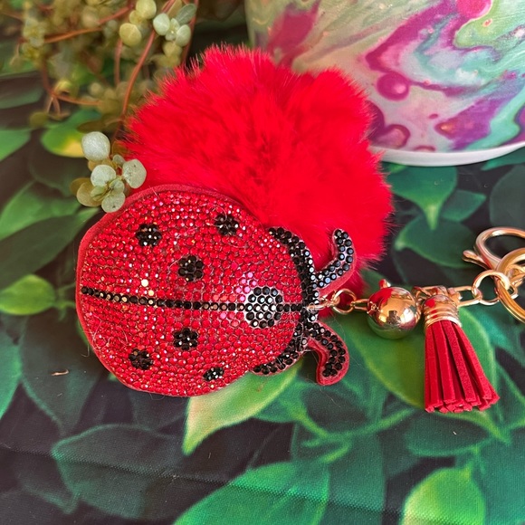 Rhinestone Ladybug with Red Pom Pom & Tassel/Gold Ball - Purse Charm / Key Charm - Picture 5 of 8